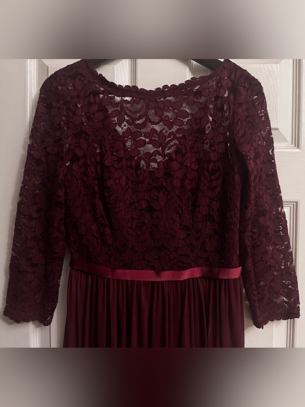 David's Bridal Burgundy Lace & Chiffon Long Sleeve Evening Gown - Picture 4 of 6